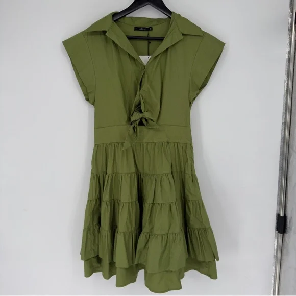 NEW DELUC Green Olive Frilly Mini Tiered Dress Sz Medium - Picture 2 of 7